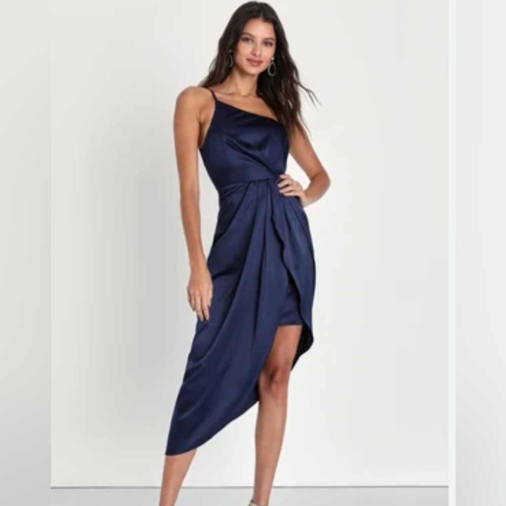Lulus Law of Attraction Navy Blue One Shoulder Asymmetrical Midi Dress Small